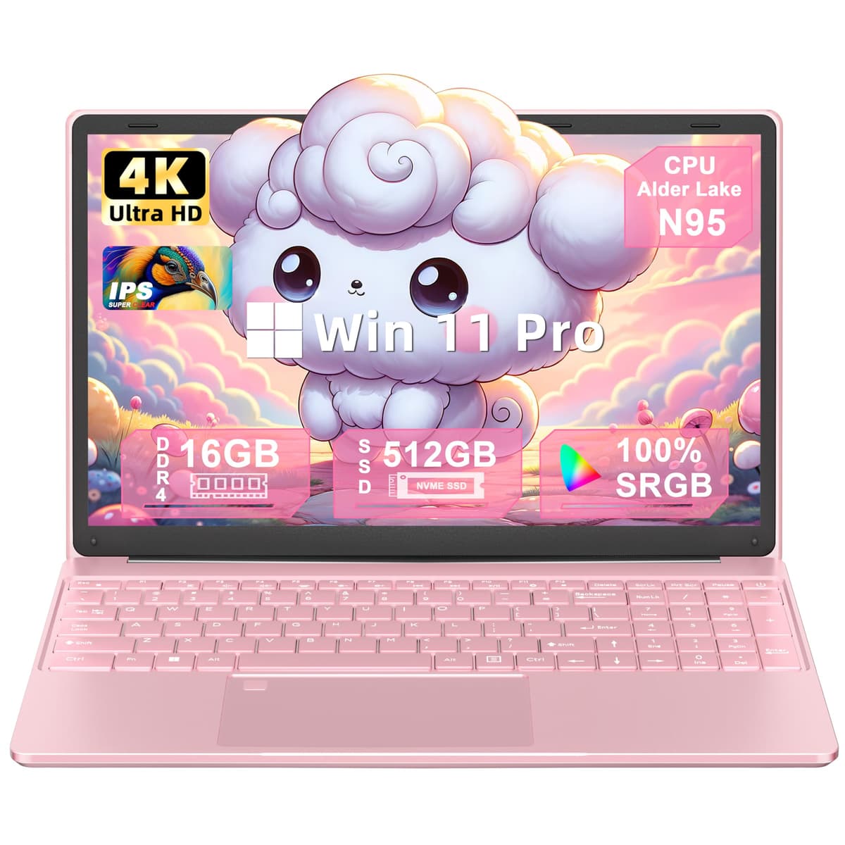 ZWYING Laptop 15.6" 4K, con Alder Lake N95 (hasta 3.4 GHz), pantalla UHD 15.6" 3840×2160, 16 GB DDR4 RAM, 512 GB NVMe SSD, Win 11 Pro, batería 5800 mAh, Wi-Fi 5, teclado retroiluminado, sensor de huellas (oro rosa) T152AN