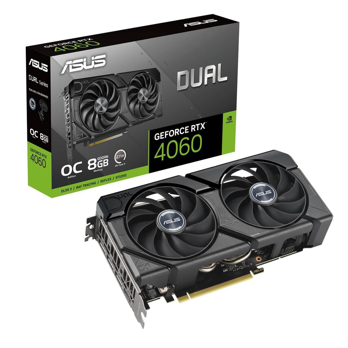 ASUS Dual GeForce RTX 4060 EVO OC Edition 8GB GDDR6 (PCIe 4.0, 8GB GDDR6, DLSS 3, HDMI 2.1a, DisplayPort 1.4a, diseño de ventiladores Axial-tech, tecnología 0dB, BIOS dual, Auto-Extreme Technology y más) DUAL-RTX4060-O8G-EVO