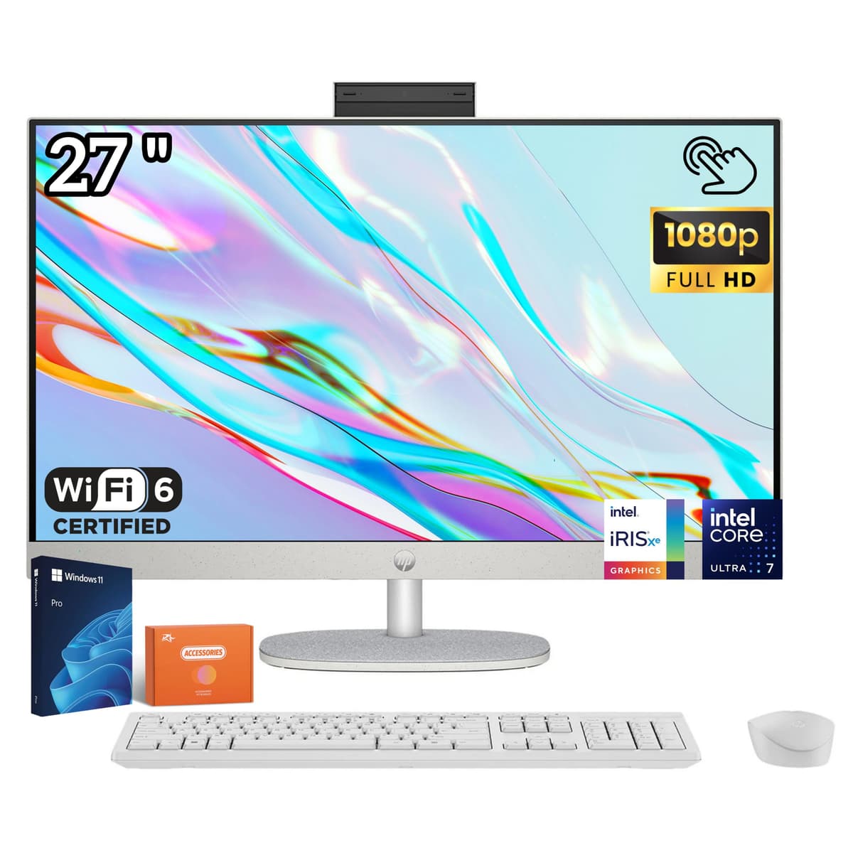 Computadora All-in-One con pantalla táctil HP, 27" FHD IPS, Intel 12 núcleos Ultra 7 (hasta 4.8 GHz), altura ajustable, 64 GB DDR5, 1 TB SSD, Windows 11 Pro, blanco perla, accesorios HP 27 All-In-One Desktop