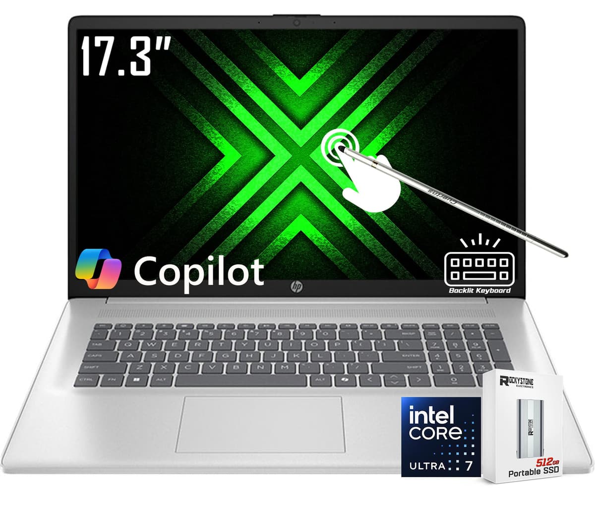 HP 17.3" HD+ Pantalla Táctil, Intel Ultra 7 255U de 12 núcleos (Mejora Core 7 150U), NPU dedicada Intel AI Boost 12 TOPS, 32GB DDR5, 1TB SSD, Teclado Retroiluminado, WiFi 6, Windows 11 Home, con SSD Externo 512GB y Stylus 17-cn
