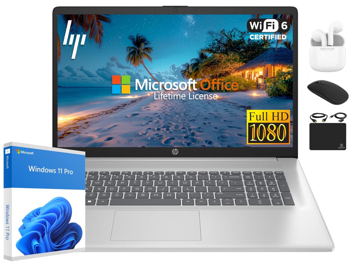 HP Pavilion 2025 Laptop, 17.3" FHD IPS, AMD Ryzen 5 de 6 núcleos, 32 GB de RAM, 1.5 TB de almacenamiento (1 TB SSD + 500 GB externo), Wi-Fi 6, cámara web, batería de larga duración, Accesorio Hubxcel, Office 2024 de por vida, Windows 11 Pro HP 2025 Flagship 17 Laptop
