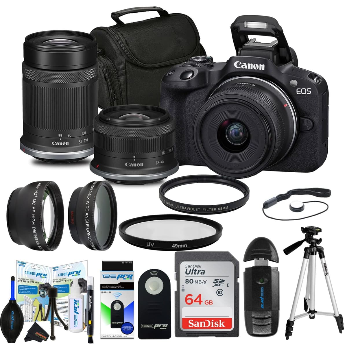 Cámara sin espejo Canon EOS R50 para vlogging (negra) con objetivo RF-S 18-45 mm F4.5-6.3 IS STM (renovada) (cámara con 2 objetivos + paquete Sunshine Advanced) 5811C012