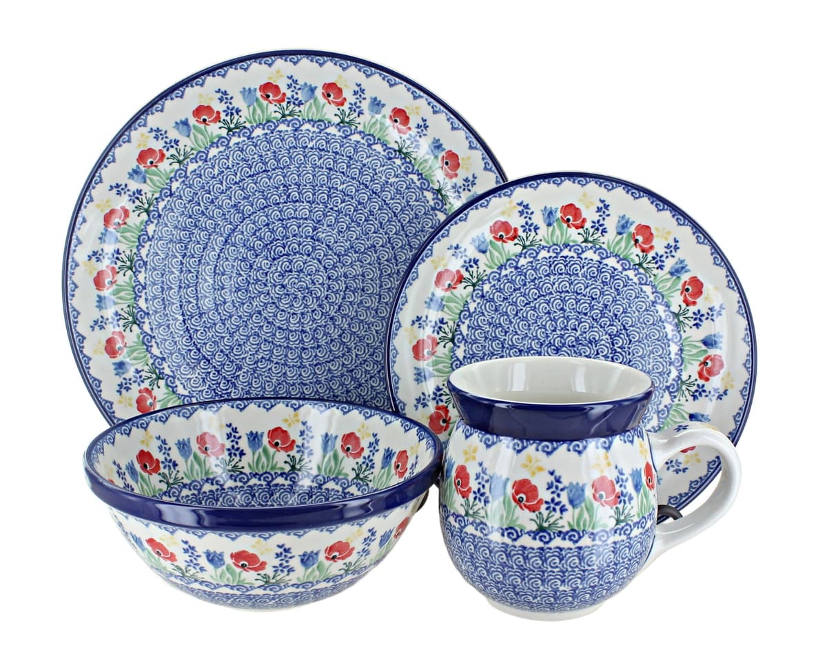 Blue Rose Polish Pottery Blue Memory Garden Juego de vajilla 16 piezas (4 servicios) hecho a mano en Polonia 1000-3218X-4