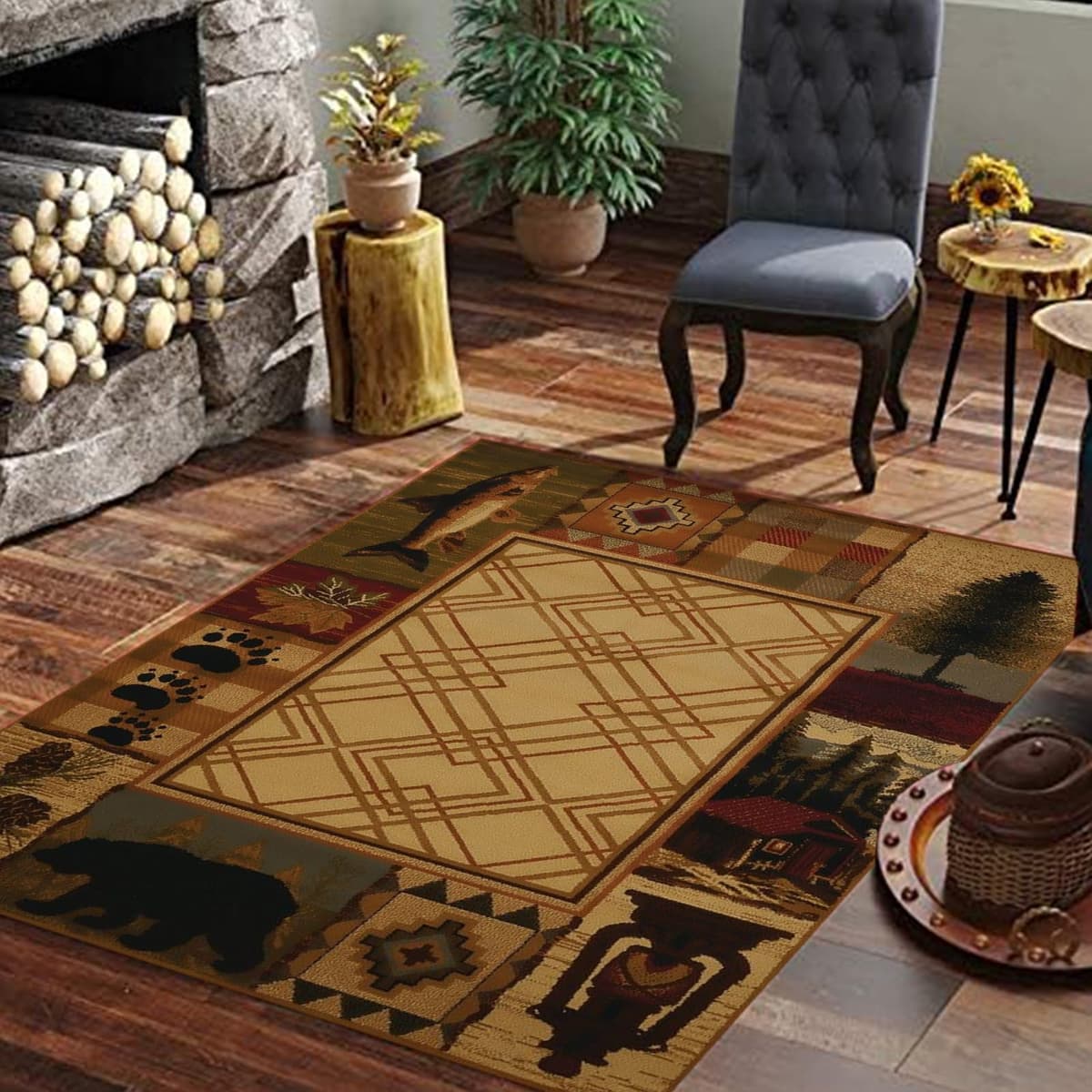 Mothy Alfombra rústica estilo país con oso, alce y ciervo lavable 9x12ft
