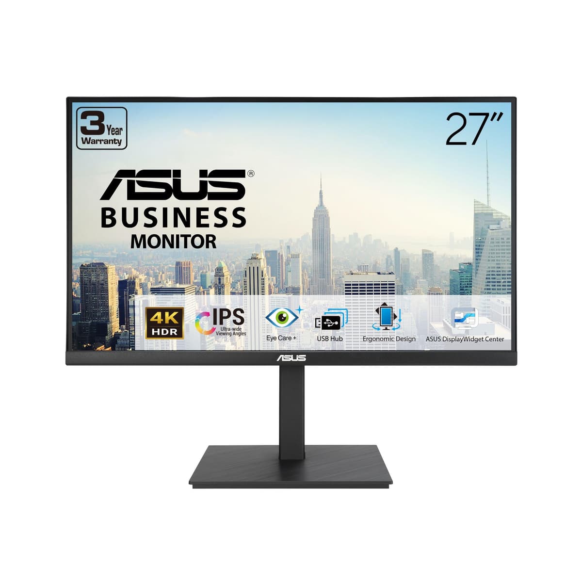 ASUS Monitor Empresarial 27” 4K (VA27UQSB) - UHD (3840 x 2160), IPS, Sin Marcos, HDR10, DisplayPort, Doble HDMI, Parlantes, Cuidado Ocular, Ergonómico, Pivot, Giro, Ajuste de Altura, DisplayWidget, Garantía 3 años
