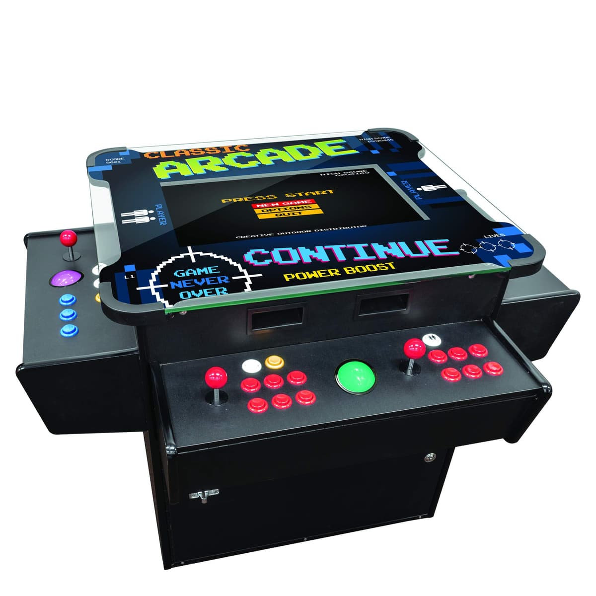 Creative Arcades Máquina Arcade Cocktail tamaño completo comercial, 2 jugadores, 1162 juegos, pantalla 22" LCD, 3 lados, tapa de vidrio cuadrada, 4 joysticks SANWA, trackball, 2 taburetes, garantía 3 años 135111