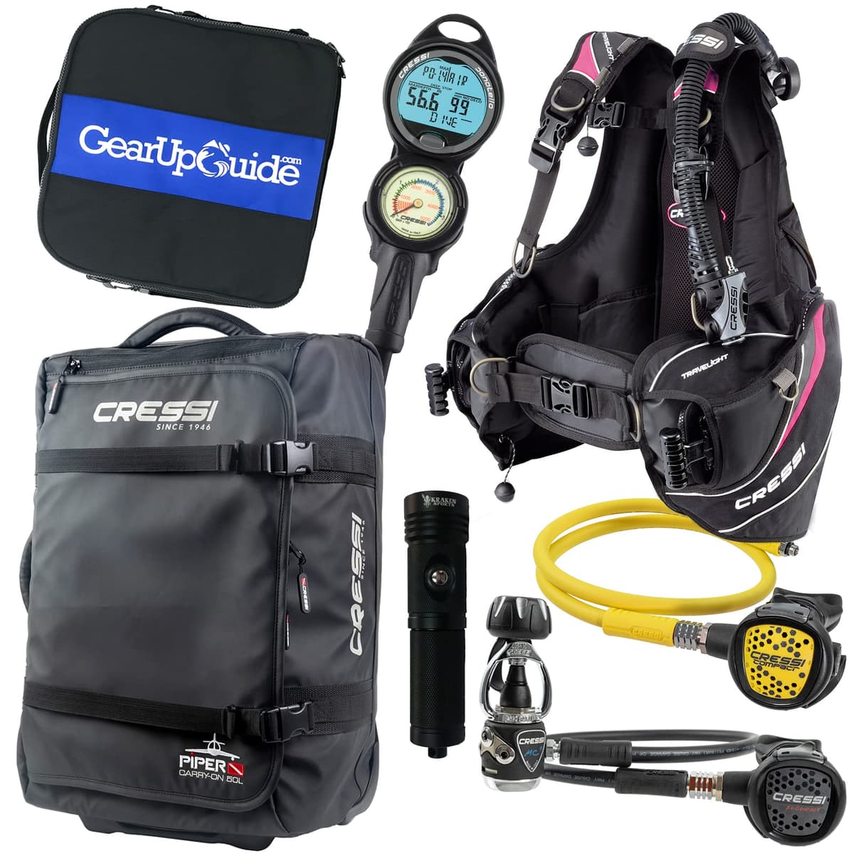 Cressi Travelight Paquete de Buceo 15 lbs con BCD Travelight, Regulador MC9 y Computadora Donatello C2, Rosa, Talla Lady-M IY745623