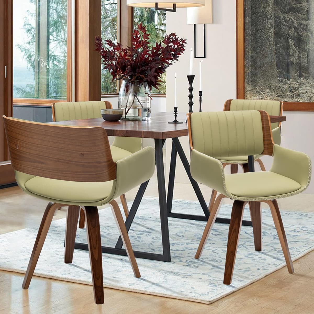 Sillas giratorias LUNLING juego de 4 estilo Mid Century, tapizadas en cuero sintético, verde 517