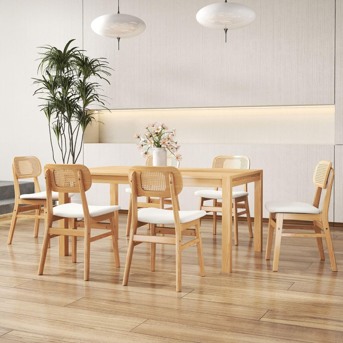 ROCITY Juego de 6 sillas de comedor de ratán, asiento lino beige, estructura de madera natural, estilo rústico boho CMJM-AMX8009DC-WNA-LBG-2-6PCS