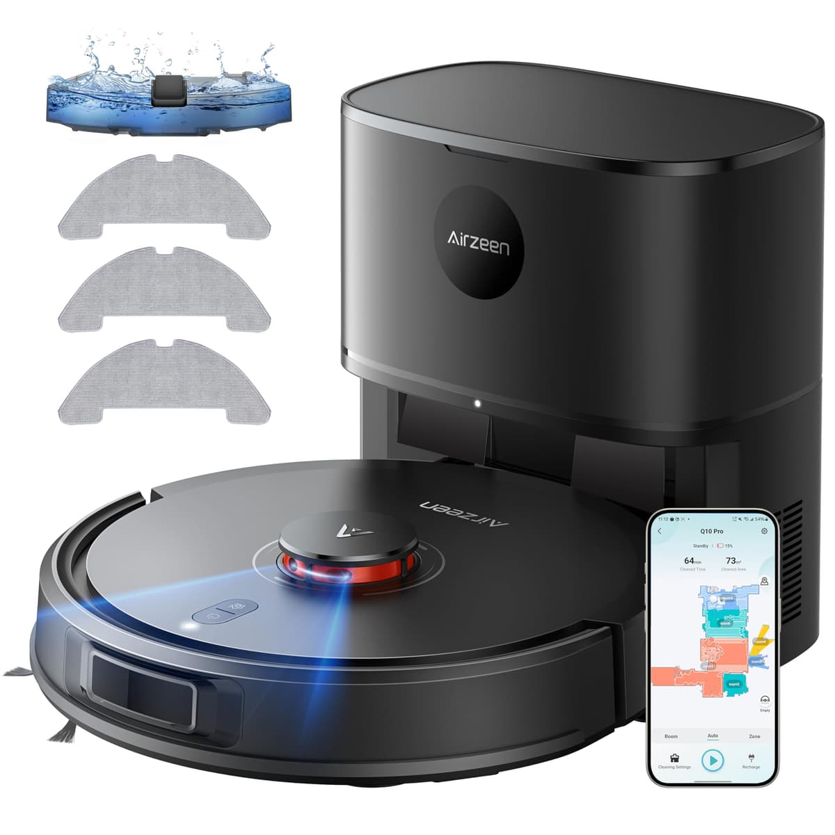 Airzeen Robot Aspirador y Mop Q10 Pro, Autovaciado, 5000Pa, Navegación Láser, 150 min, App y Alexa