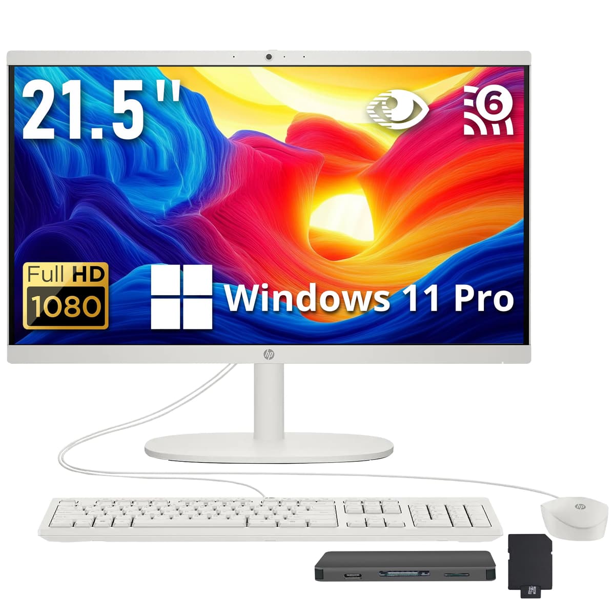 HP All-in-One de 21.5" FHD, procesador Intel N100, 16GB DDR5, 1.12TB de almacenamiento (128GB UFS + estación de acoplamiento de 1TB), gráficos UHD, Wi-Fi 6, cámara 720p, teclado y mouse con cable, Windows 11 Pro, blanco HP All-in-One Desktop
