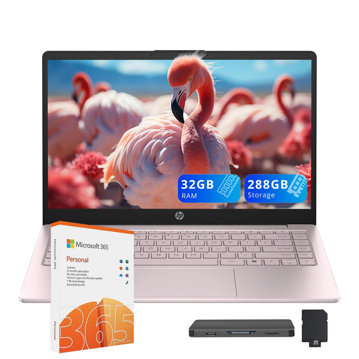 HP Stream 14" HD Portátil, Procesador Intel N150, 32GB RAM, 288GB Almacenamiento (128GB UFS + Estación Dock SSD 160GB), Gráficos Intel UHD, Cámara HD, WiFi, Bluetooth, 1 Año Office 365, Win 11 S, Rosado