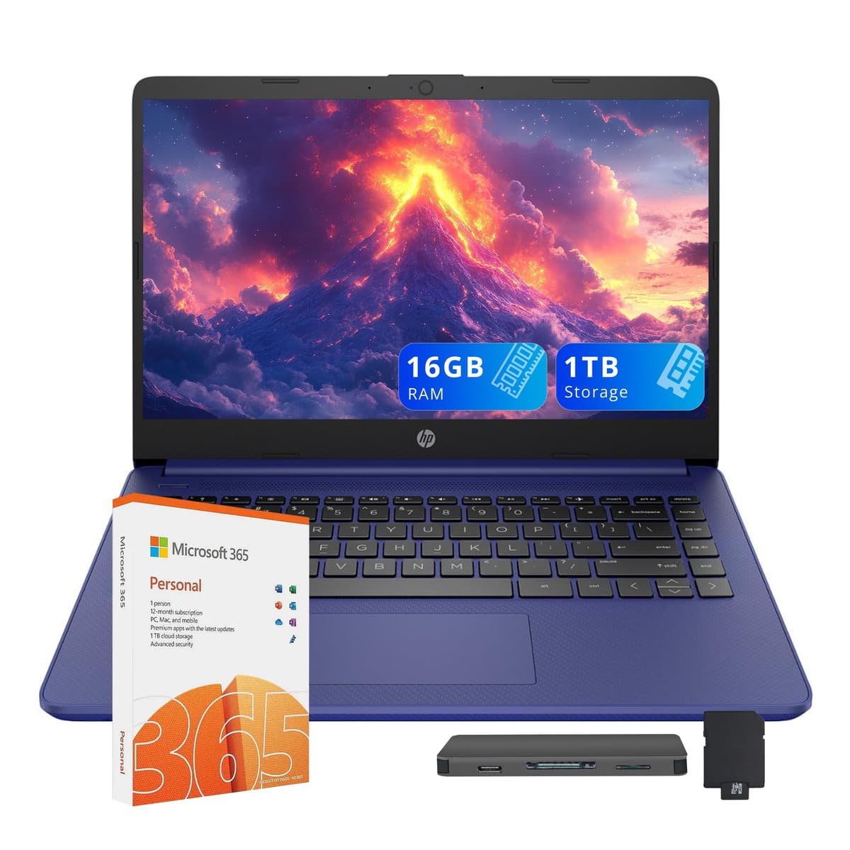 HP Stream 14″ HD Laptop para Estudiantes y Empresas, Procesador Intel Celeron, 16GB RAM, 1TB Almacenamiento (64GB eMMC + Set de Estación de Acoplamiento de 1TB), Gráficos UHD, 1 Año Office 365, Carga Rápida, Win 11, Azul