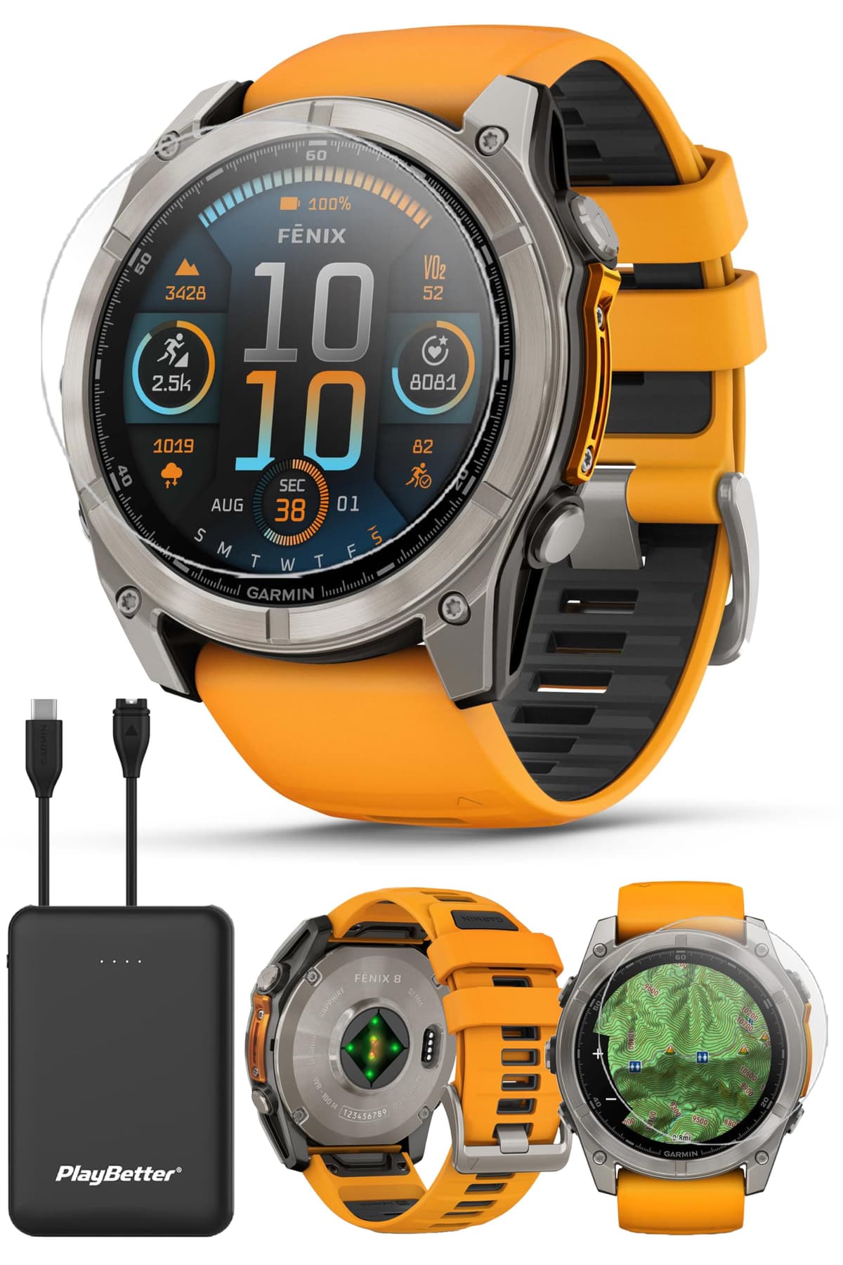 PlayBetter Garmin Fenix 8 AMOLED Sapphire (51mm, Titanium/Spark Orange) Multisport GPS Smartwatch Bundle - 1.4” Touchscreen, Linterna LED, Cargador Portátil y Protectores de Pantalla 010-02905-10 (Watch) | Z05 (Charger)