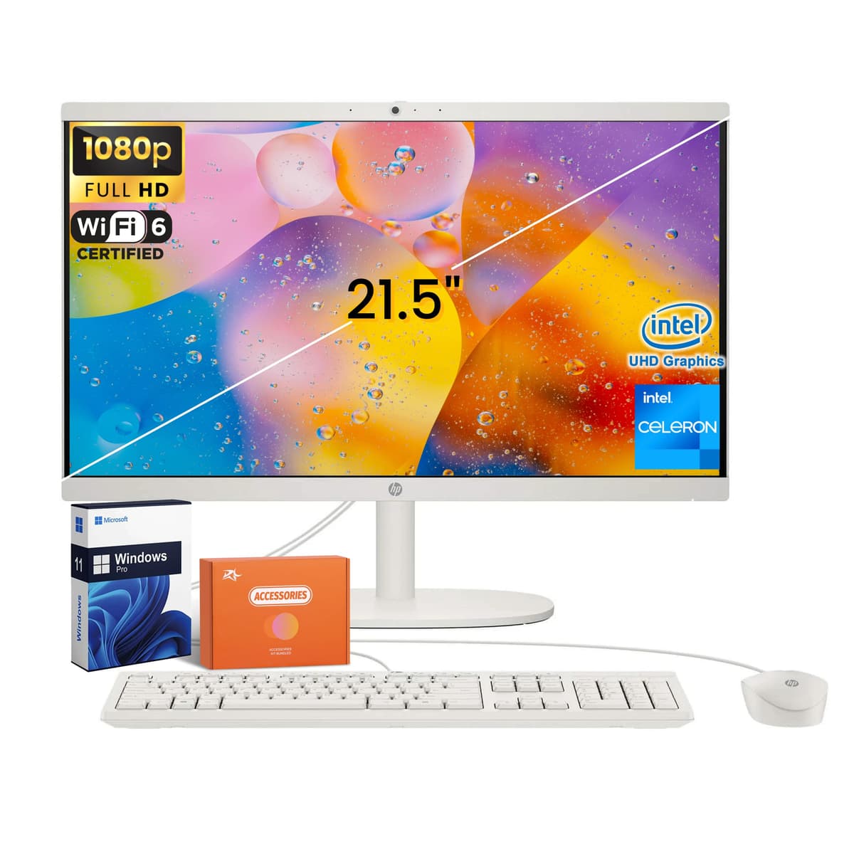 HP 2025 Todo en Uno, Computadora de Escritorio de 21.5" FHD LED, Intel Celeron J4025, Wi-Fi 6, Windows 11 Pro, 32 GB RAM, 2 TB SSD, Bluetooth, PC de Escritorio, con Accesorios HP All-in-One Desktop PC
