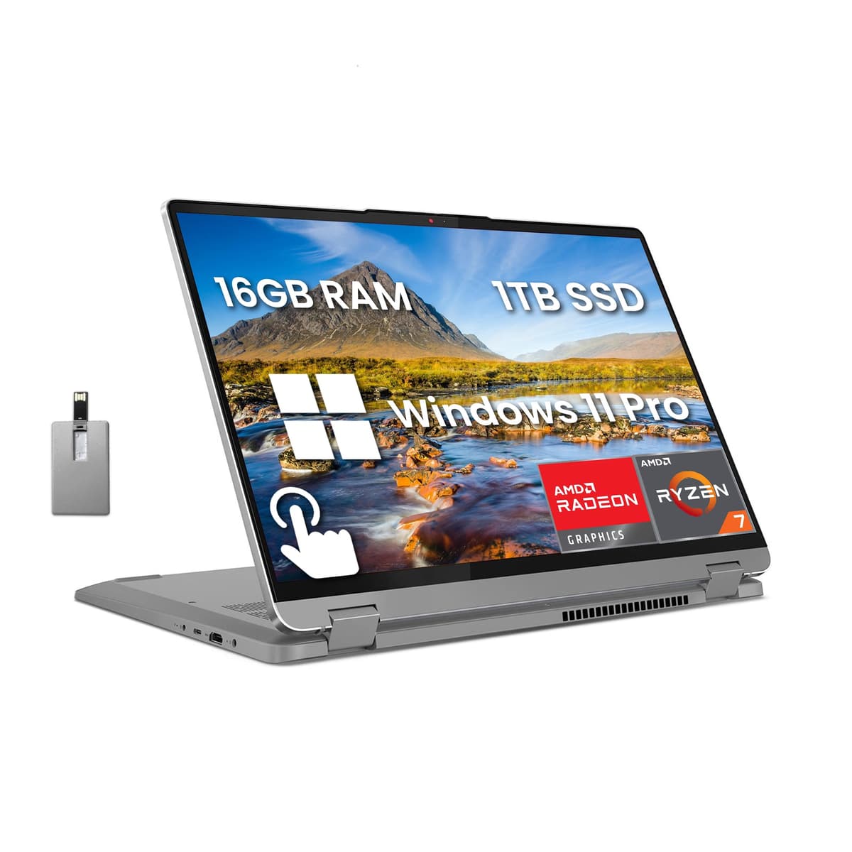 Lenovo IdeaPad Flex 5 2 en 1, Pantalla Táctil 16" WUXGA, AMD Ryzen 7 7730U, 16 GB RAM, 1 TB SSD, Gráficos AMD Radeon, Lector de Huellas, Wi-Fi 6, Windows 11 Pro, Gris, Tarjeta USB Hotface 128 GB Lenovo Flex 5