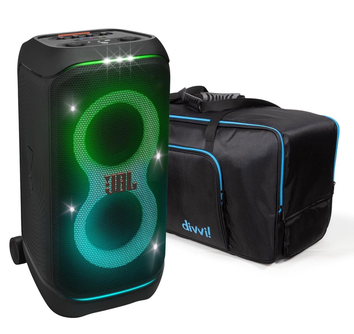 JBL PartyBox Stage 320 con funda de transporte divvi! JBLPBSTAGE320AM_div320-TB