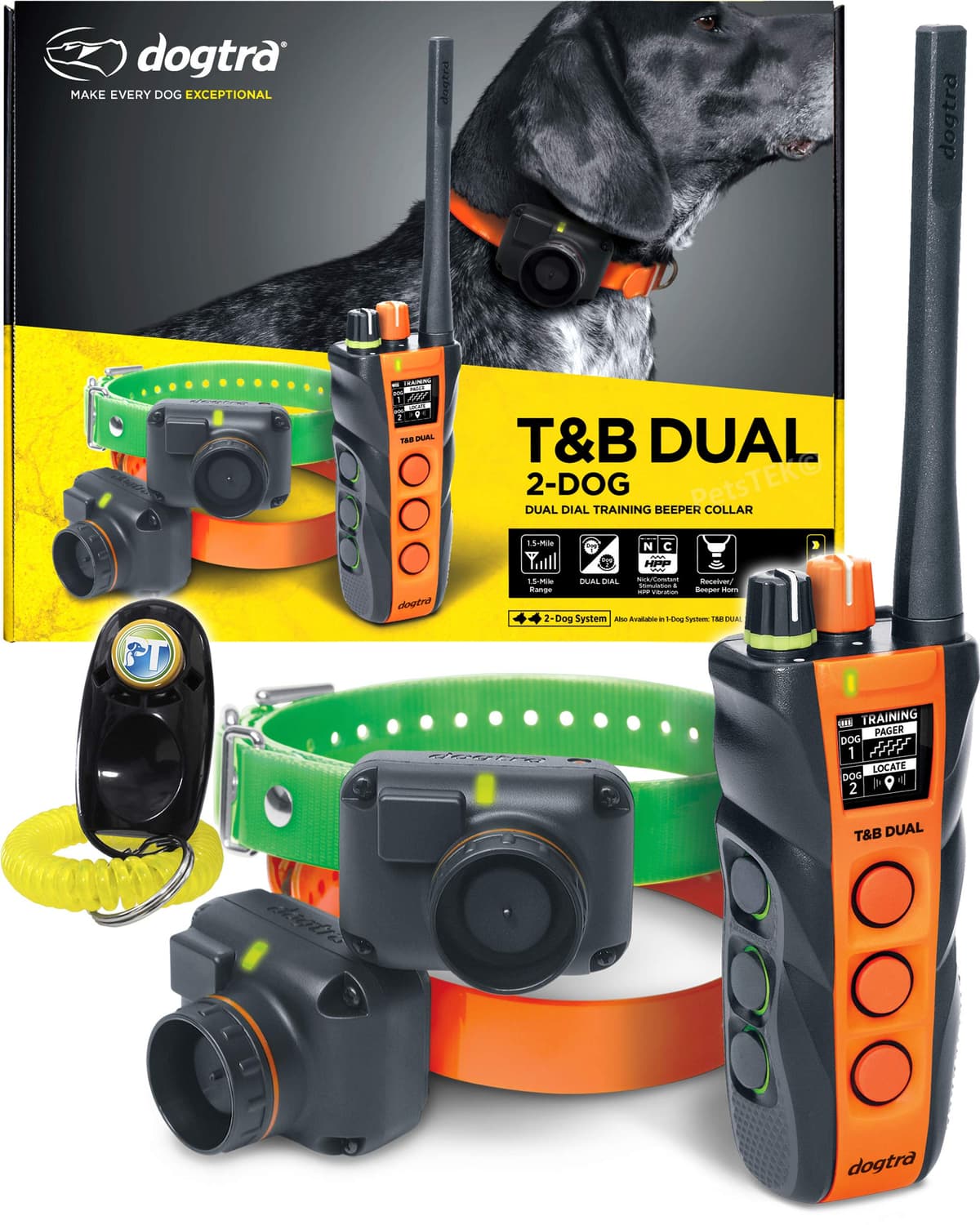 Collar de Entrenamiento Remoto Dogtra T&B Dual Dial para 2 Perros - Alcance de 1.5 Millas, Caza en Terreno, Totalmente Impermeable, Recargable, Estático, Localizar - Incluye Clicker de Entrenador PetsTEK