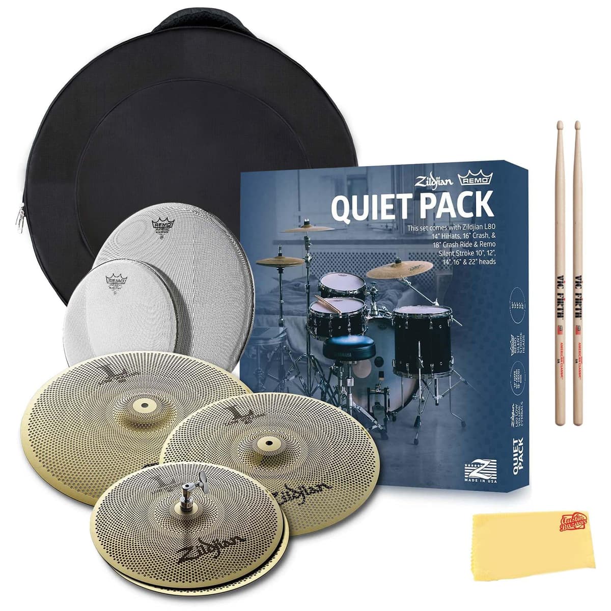 Zildjian LV468RH Special Edition L80 Paquete de platillos de bajo volumen con parches Remo Silentstroke Incluye bolsa, baquetas y paño de pulido Austin Bazaar AUS-LV468RH-COMBO-DLX-V2