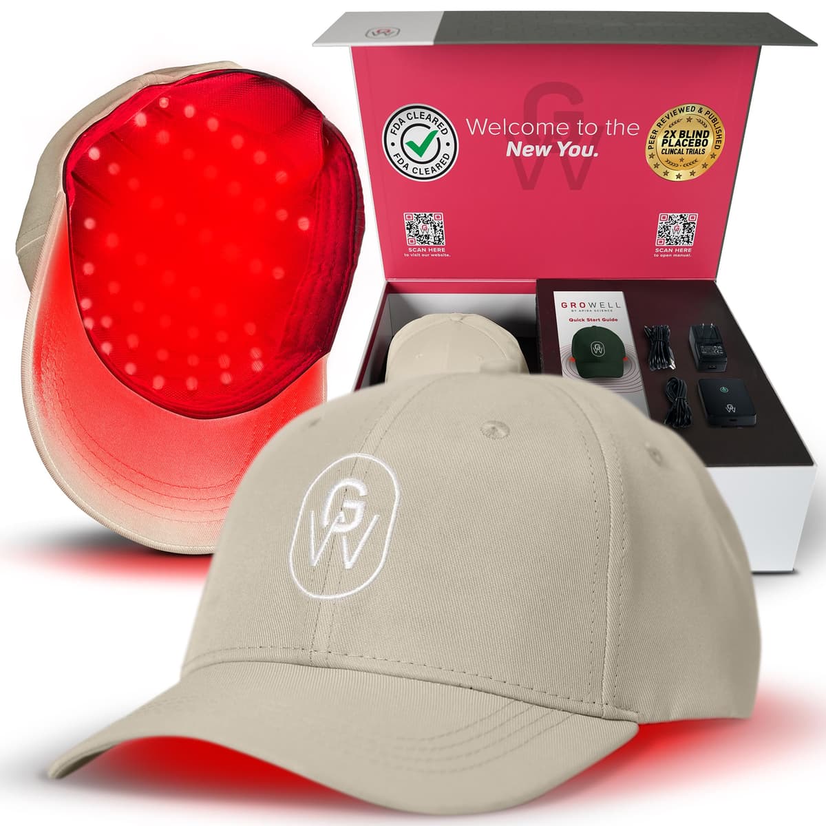 GroWell gorra de terapia con luz roja para crecimiento capilar, FDA Cleared - Beige GW10042