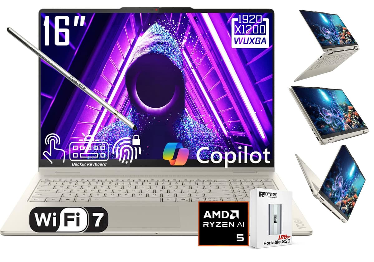 Lenovo Yoga 7 2 en 1 PC con Copilot de IA, pantalla táctil LCD 2K de 16", AMD Ryzen AI 5 340, AMD Radeon 840M, 16 GB LPDDR5X, 1 TB SSD, Wi-Fi 7, teclado retroiluminado, lector de huellas, cámara 1080p, con 128 PSD, Windows 11 Home