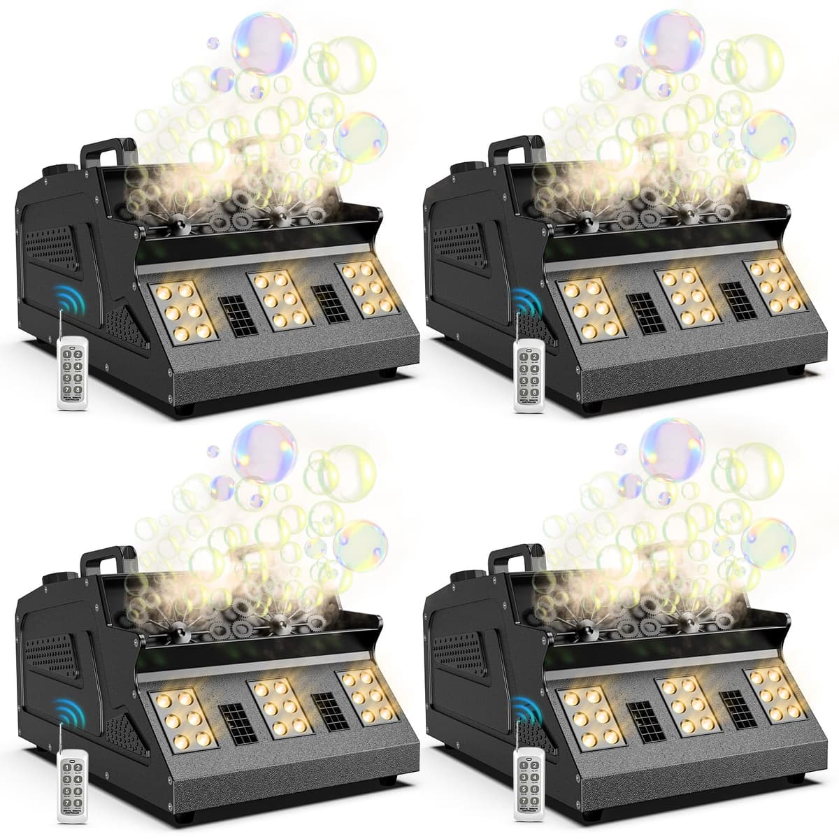 DazzlingStage Máquina 3 en 1 humo y burbujas 2000W con 7 CH RGB 18 LEDs, 2 ventiladores y 4 pack