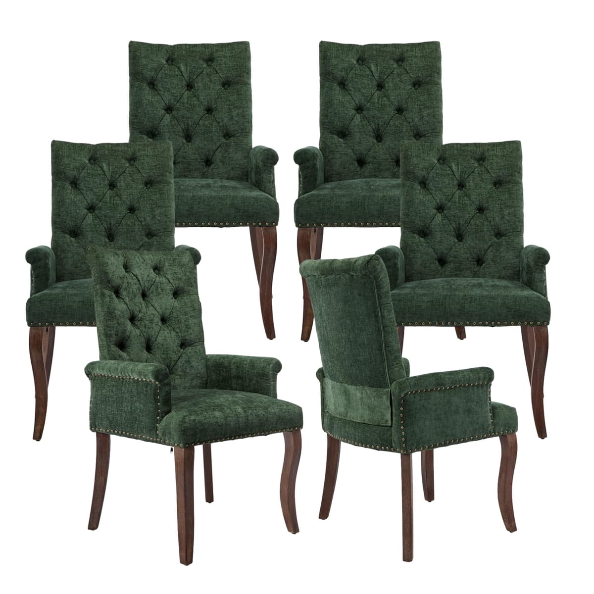 KIUMU Sillas tapizadas tufted de chenille con brazos y tachuelas - Juego de 6, Verde Oliva W1143P346927