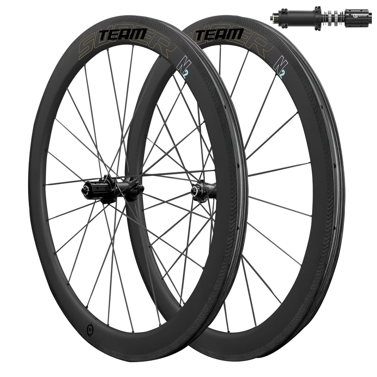 Superteam S-All Carbon N2 - Juego de ruedas carbono 50mm x 25mm 700C, buje 36T (Shim 8-12 speed)