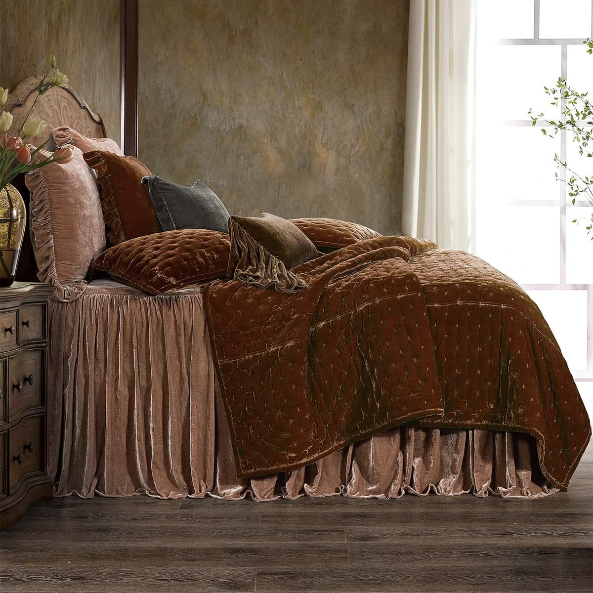 HiEnd Accents Stella Juego de cama King 3 piezas terciopelo sintético Dusty Rose FB6900-KG-DR