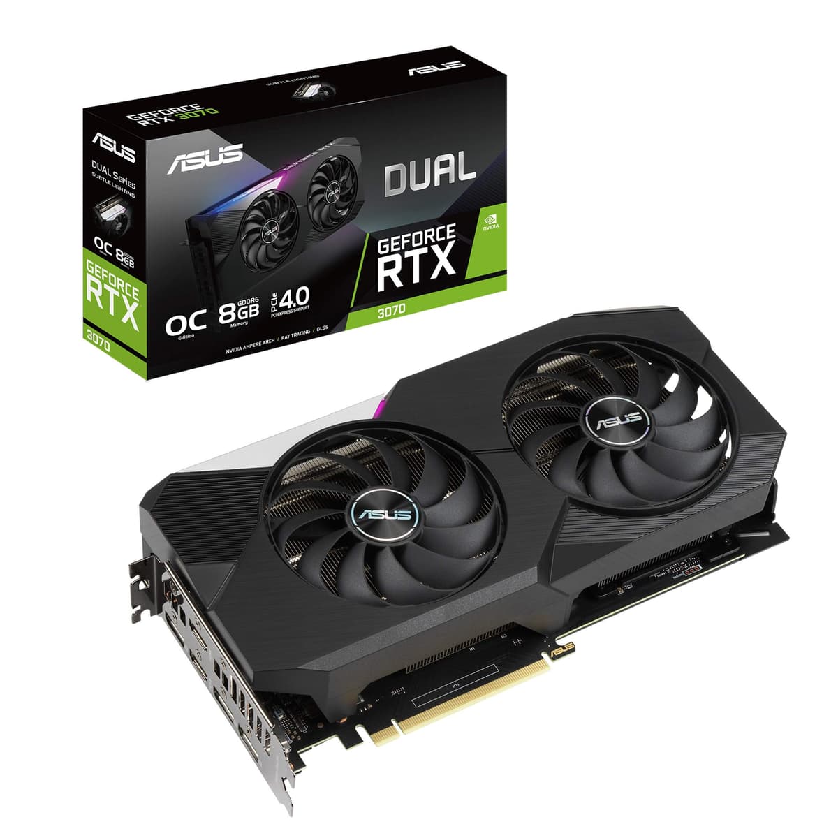ASUS Dual Tarjeta de Video Gaming NVIDIA GeForce RTX 3070 OC Edition (PCIe 4.0, 8GB Memoria GDDR6, HDMI 2.1, DisplayPort 1.4a, Diseño de Ventilador Axial-tech, BIOS Dual, Placa Trasera Protectora, GPU Tweak II) DUAL-RTX3070-O8G