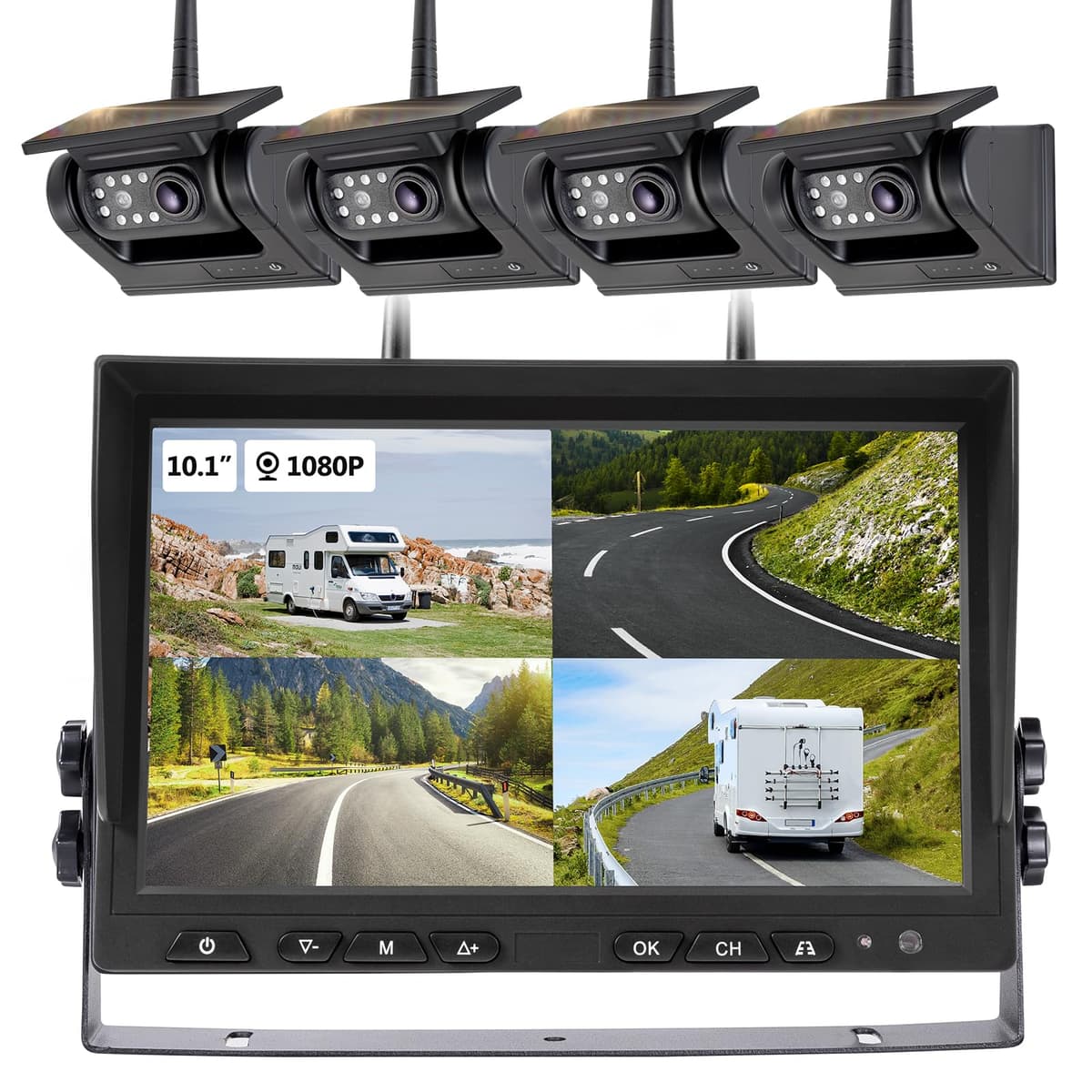 WOOCARTY 10.1" - Sistema de 4 Cámaras Solares Inalámbricas Magnéticas de Respaldo, Monitor DVR HD 1080P, Cámaras Inalámbricas para Remolque/RV con Enganche, Visión Nocturna IR, 4×9600 mAh Baterías Recargables, SR4