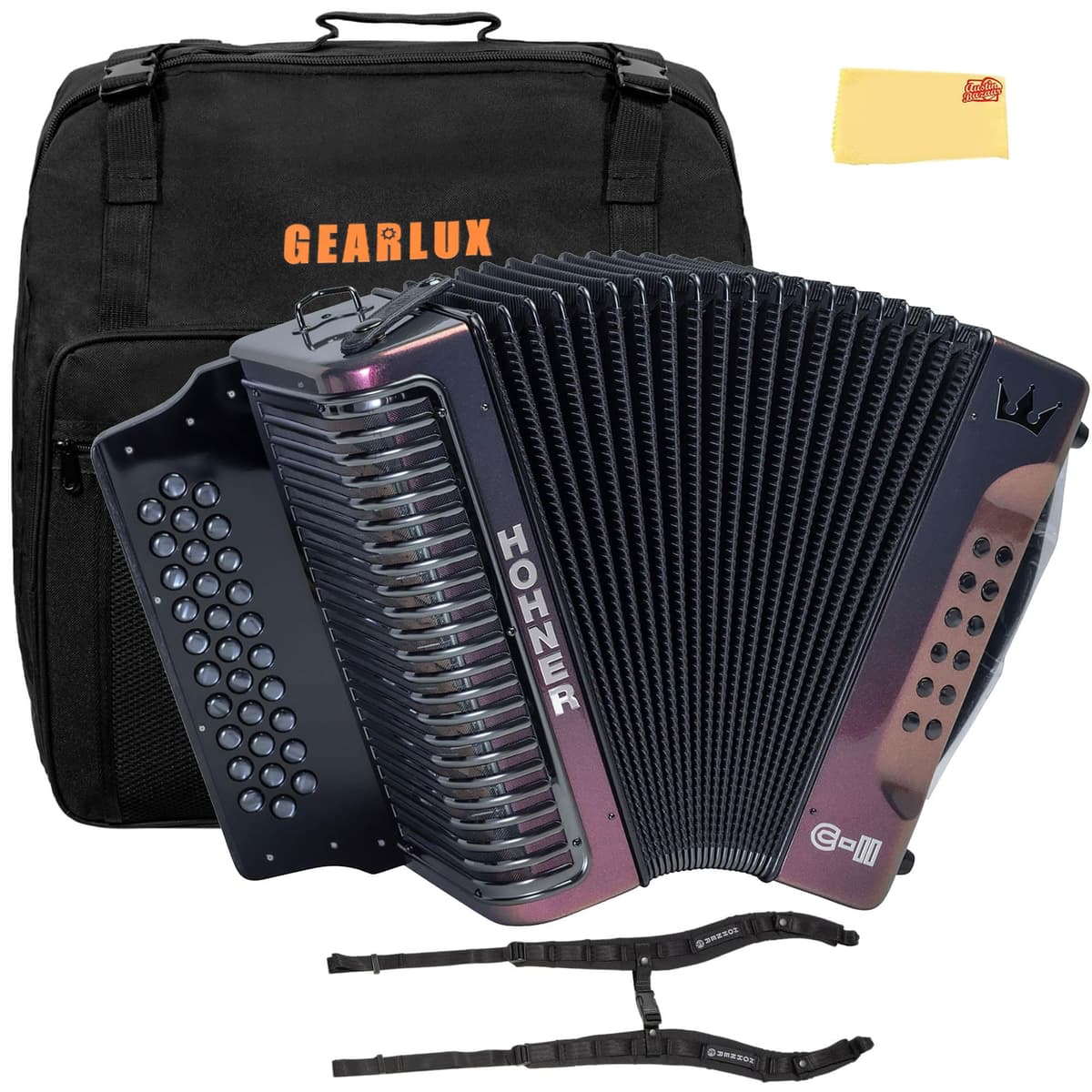 Hohner Corona C-II G/C/F Accordion Bundle (Rojo a Dorado) con Funda y Accesorios AUS-C-II-GCF-RTG-COMBO-DLX