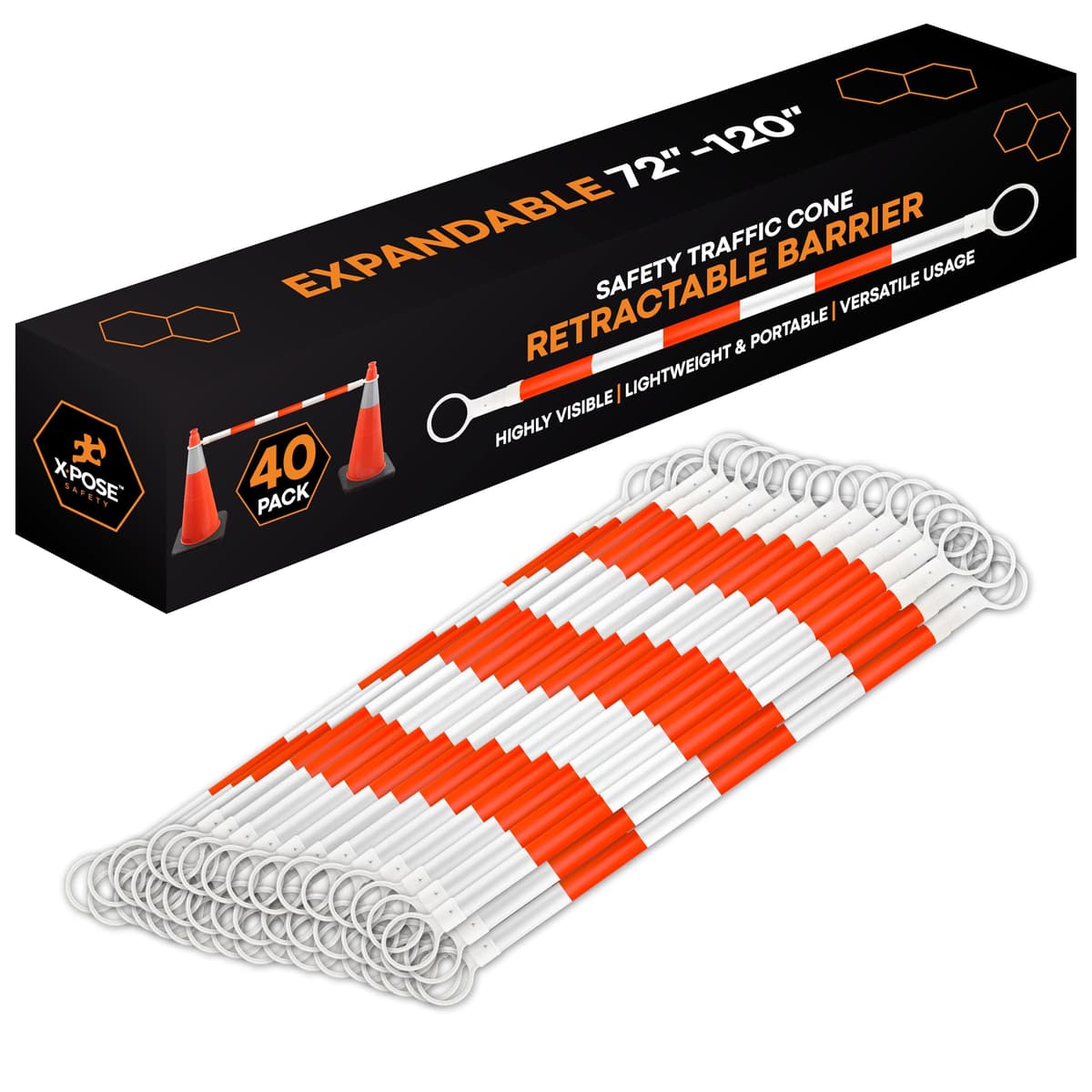Barrera retráctil reflectante Xpose para conos de tránsito - Paquete de 40, naranja/blanco, extensible 72"-120" para construcción, estacionamiento y control de multitudes CBY-CBO-PARENT