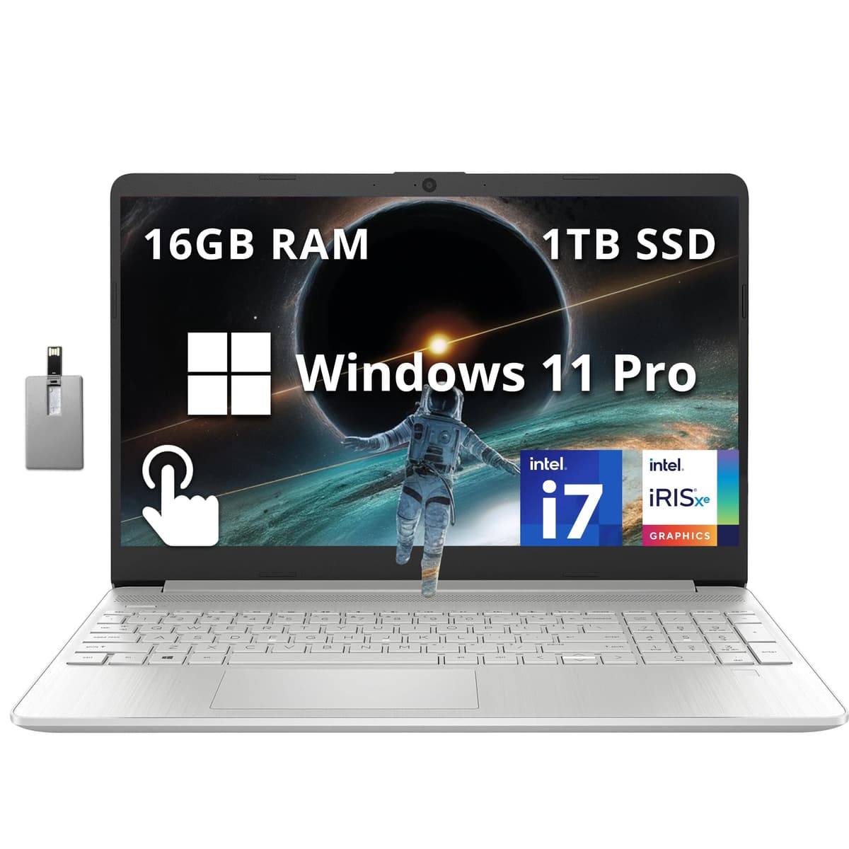 HP Laptop empresarial táctil 15.6" FHD, Intel i7-1255U, 16GB RAM, SSD PCIe 1TB, Gráficos Intel Iris Xe, Teclado numérico, Cámara web, Windows 11 Pro, Plateado natural, Tarjeta USB Hotface 32GB HP 15.6