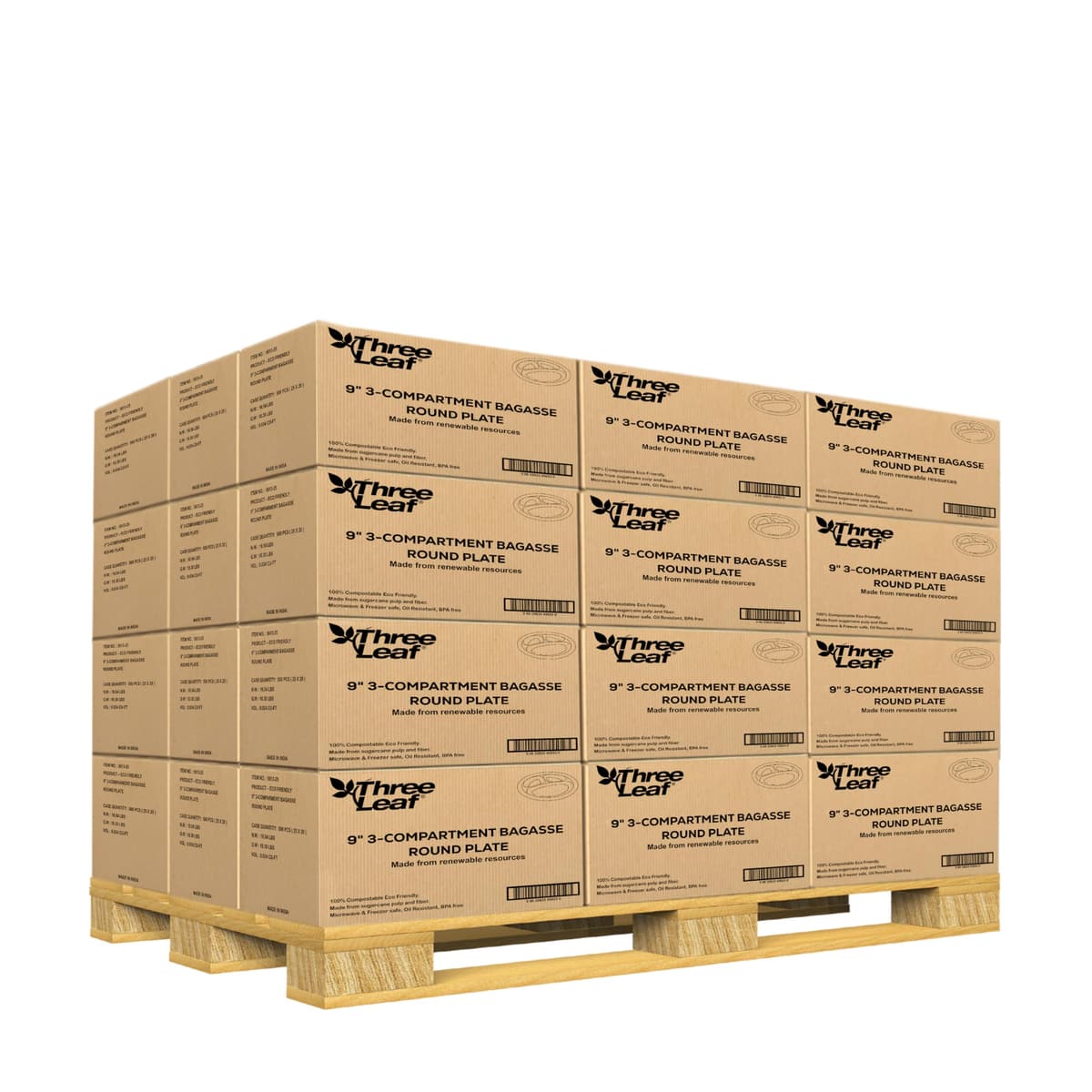 three leaf Platos Redondos Bagasse 9" 3 Compartimentos, 9,000 Ct. (18 cajas x 500)