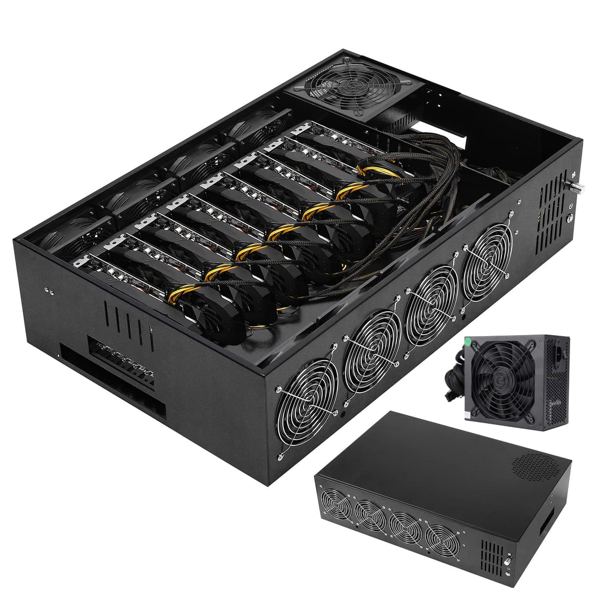 SUOHUI Gabinete Completo para Minería con GPU: Servidor de Minería para Ethereum/ETH Preensamblado 8 GPU, Placa Base para Minería, Fuente de 1800W, 8 Ventiladores, 4GB RAM (Sin GPUs) - Negro