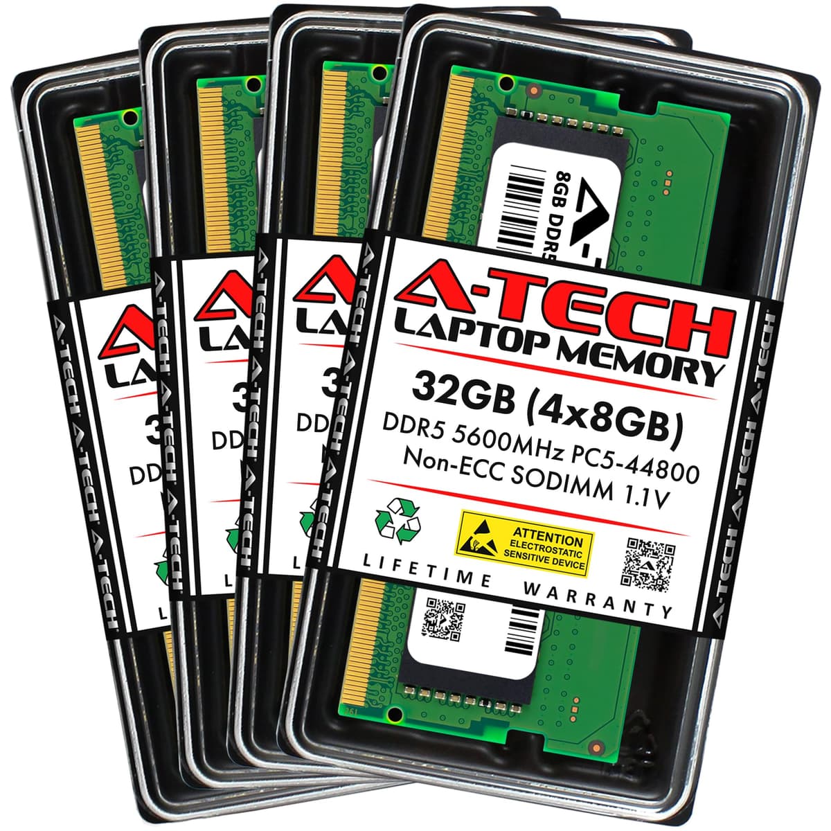 Kit A-Tech 32 GB (4x8 GB) DDR5 5600 MHz PC5-44800 CL46 SODIMM 1.1 V No ECC Sin búfer SO-DIMM 262 pines Memoria RAM para laptop (módulos de actualización) AT8G4D5S5600NA0N11V