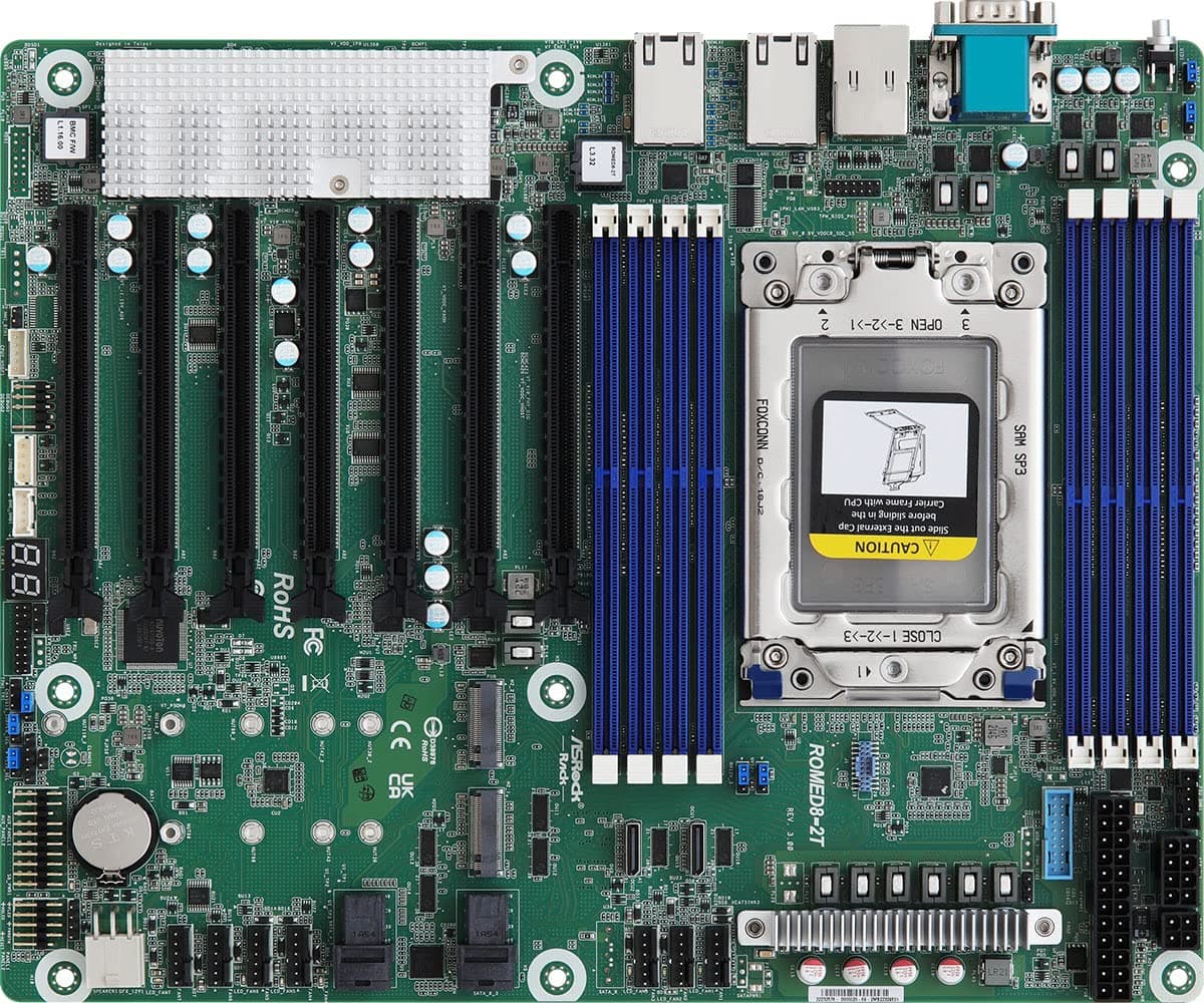 Asrock Rack ROMED8-2T/BCM Placa base ATX para servidor AMD EPYC 7003 (con tecnología AMD 3D V-Cache*)/7002 Procesadores SP3 (LGA 4094) Doble 10GbE