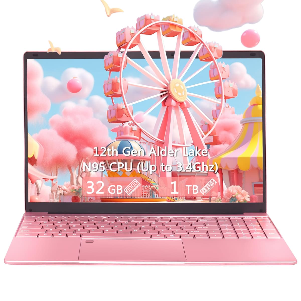 OMSERVB Laptop rosa de 15.6", 12ª Gen N95 (hasta 3.4 GHz), DDR4 32 GB RAM, SSD NVMe 1 TB, Windows 11 Pro, bloqueo por huella, notebook portátil con teclado retroiluminado (TB, 1)