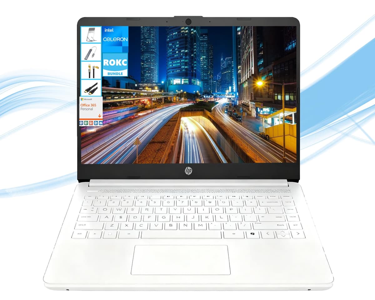 Laptop HP con Windows 11 de 14 pulgadas pantalla HD con Microsoft Office y 1 TB de almacenamiento en la nube (1 año) | 8 GB RAM | 64 GB eMMC | CPU Intel de 2 núcleos | Wi-Fi | Ultraligera | Portátil | Webcam | Bluetooth | Blanca | Paquete RK 14-dq3000dx