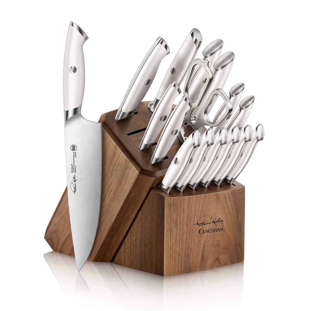 Cangshan Thomas Keller Signature Collection 17 piezas con bloque de nogal y mangos blancos 1025590
