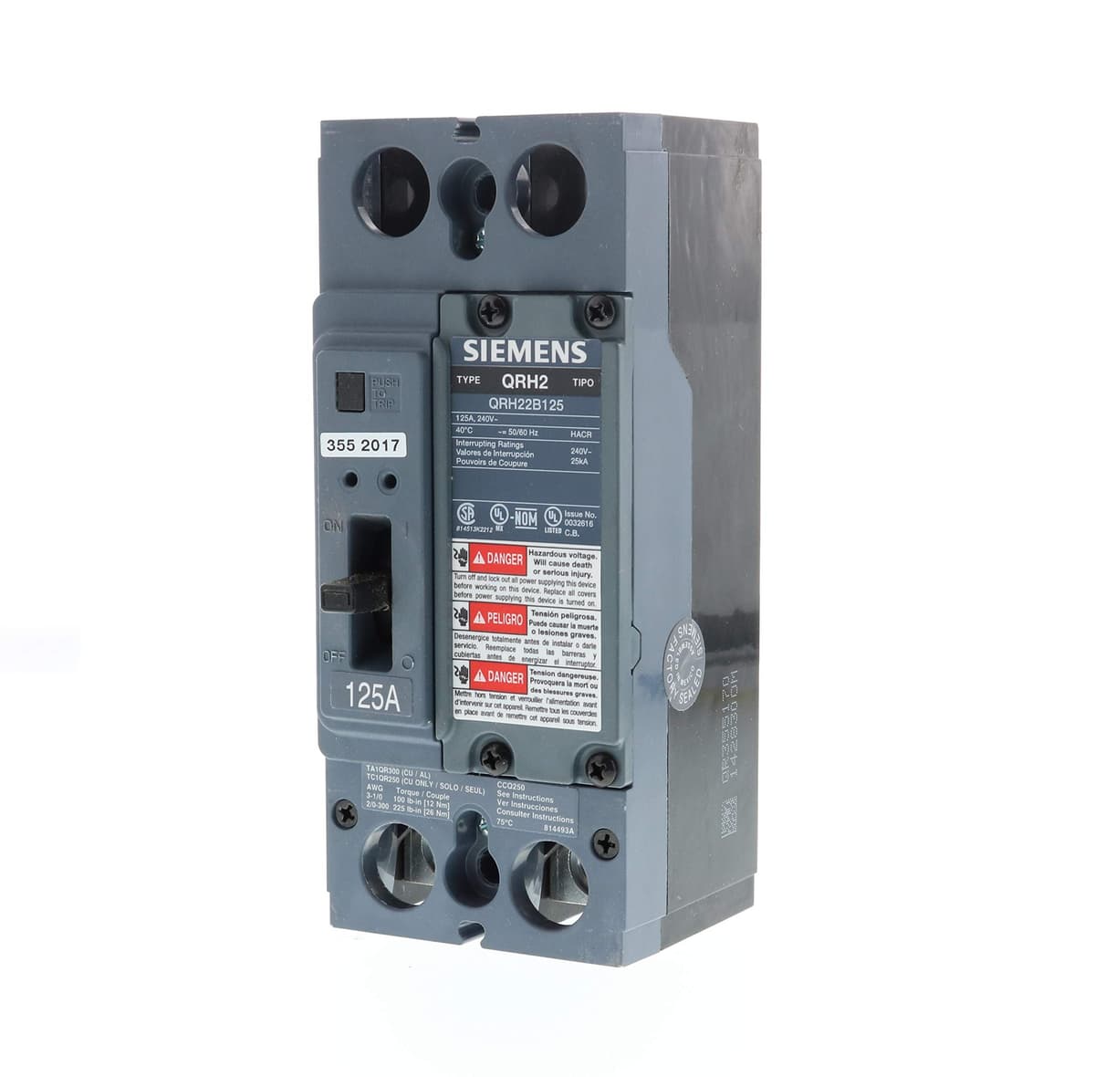 Siemens Interruptor Automático Tipo QR 2-Polo 125 Amp 25kA US2:QRH22B125