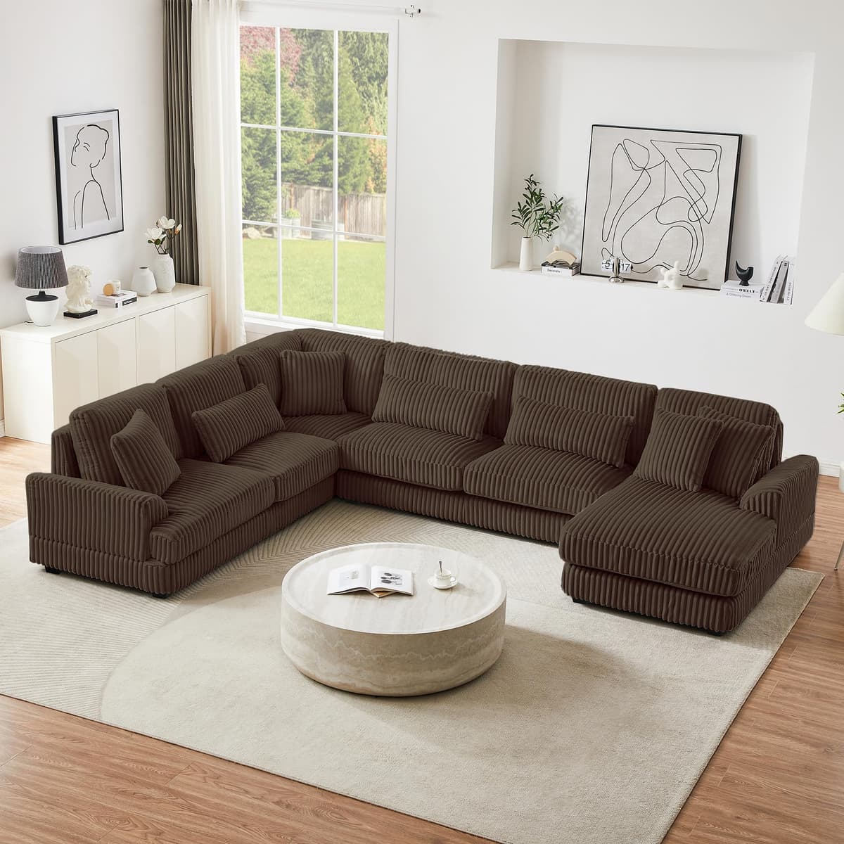 Merax Sofá seccional en U de 129", sofá moderno tapizado con chaise lounge para sala de estar, marrón MX03333