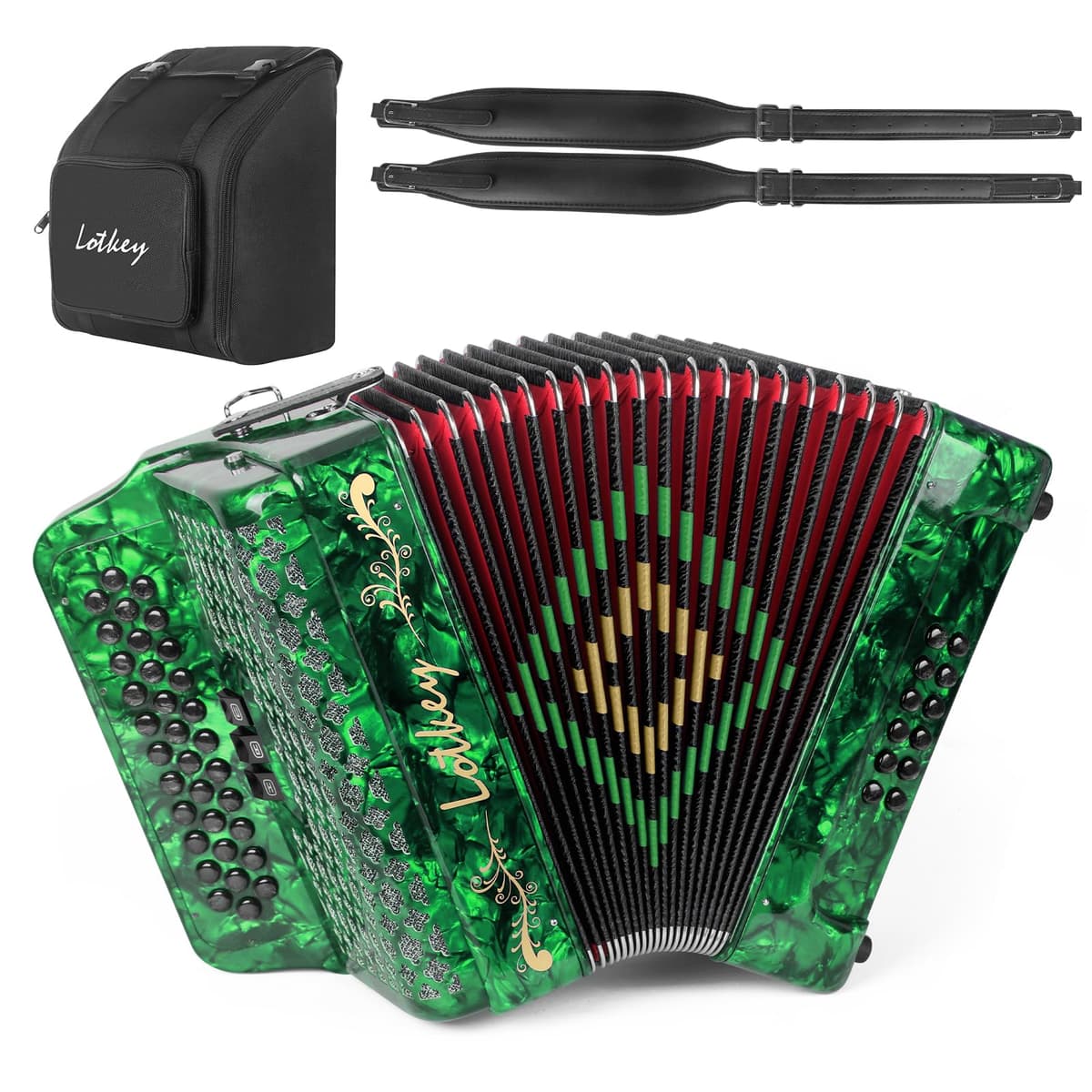 Acordeón diatónico Lotkey 34 teclas y 12 bajos, cuerpo en celluloid (FBE Green) MI84ACCORDION