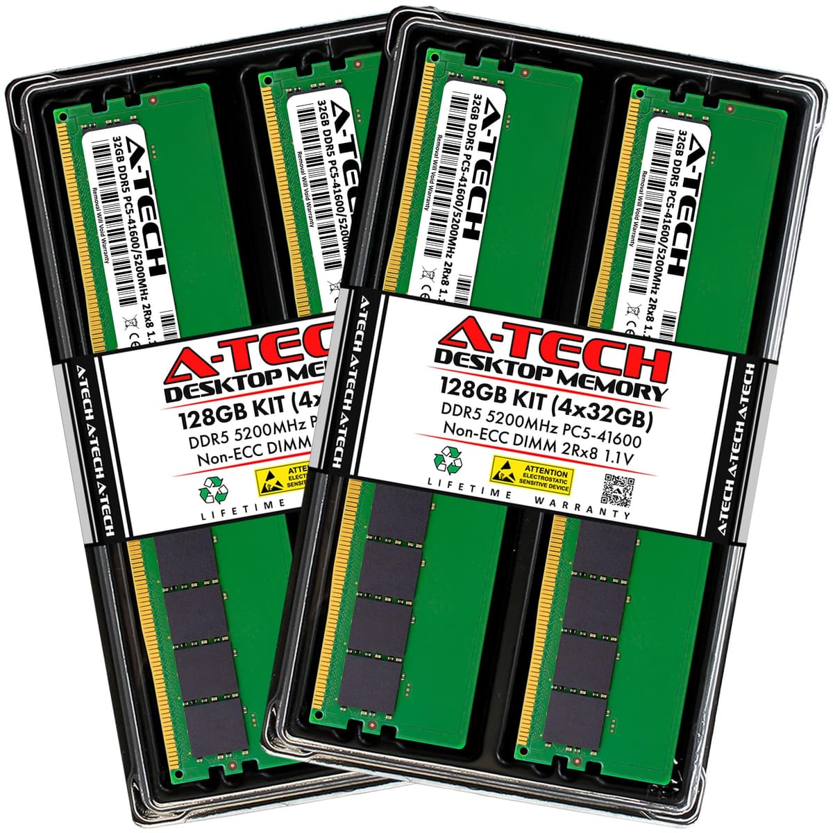 A-Tech 128GB Kit (4x32GB) DDR5 5200MHz UDIMM CL42 1.1V - RAM para desktop AT32G4D5D5200ND8N11V