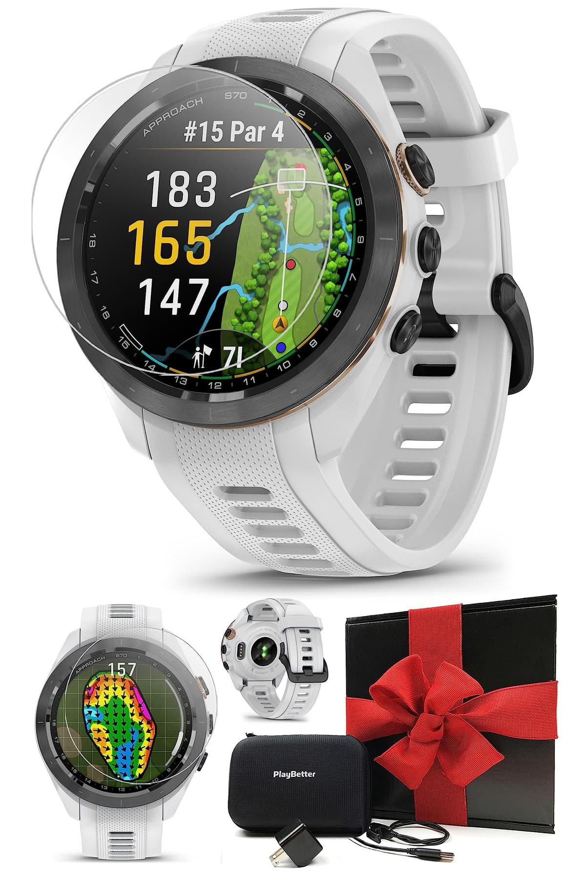 Garmin Approach S70 (Blanco, 42 mm) Reloj GPS para Golf - Pantalla AMOLED, Caddie Virtual y Distancia PlaysLike - Paquete de Regalo con Protectores de Pantalla PlayBetter, Adaptador de Corriente y Estuche Rígido 010-02200-00