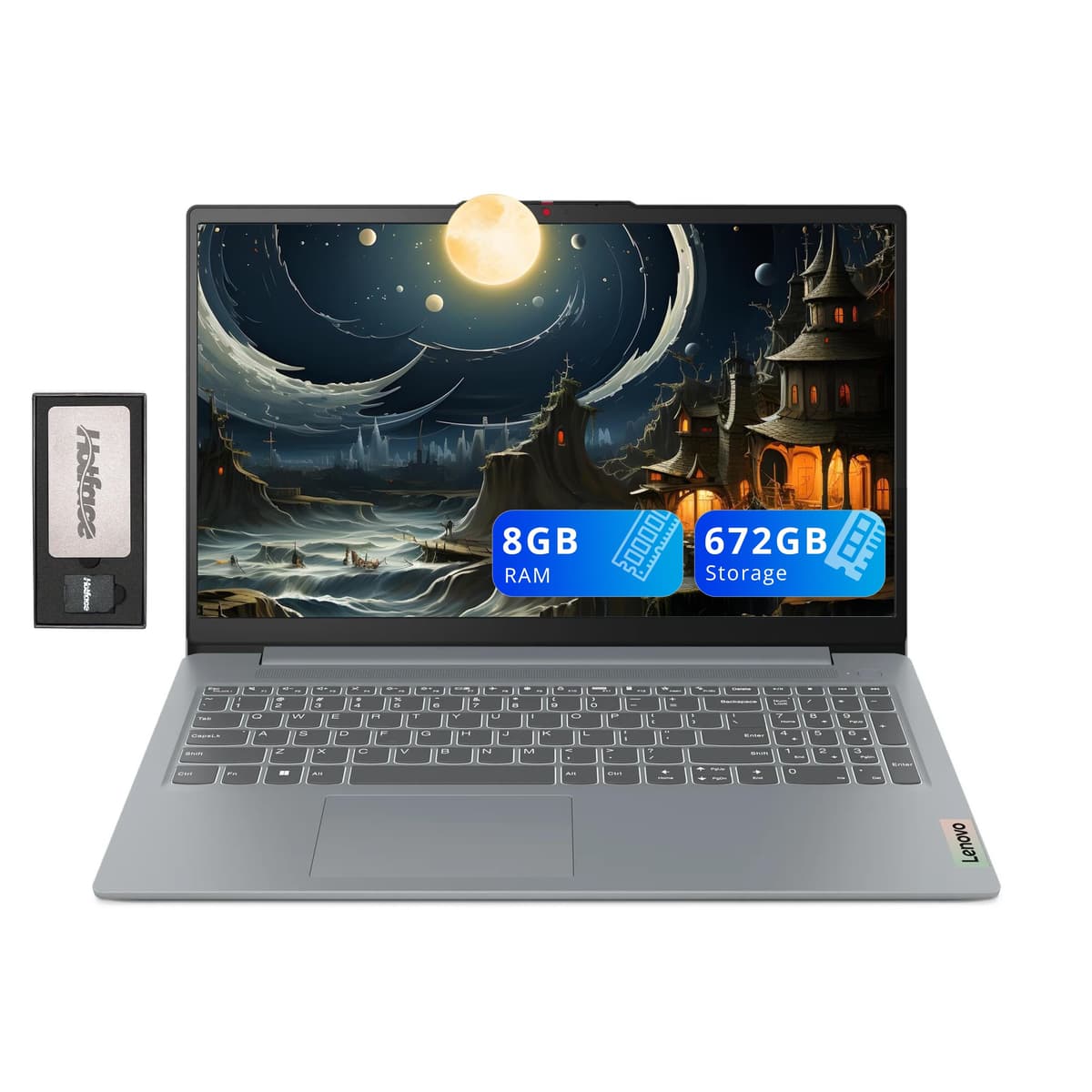 Lenovo IdeaPad Slim 3 15.6" FHD Antirreflejo, Intel i3-N305, 8GB LPDDR5, 672GB Almacenamiento (512GB SSD + 160GB Estación de Acoplamiento), Teclado Numérico, Cámara HD, Dolby Audio, WiFi 6, Win 11, Gris
