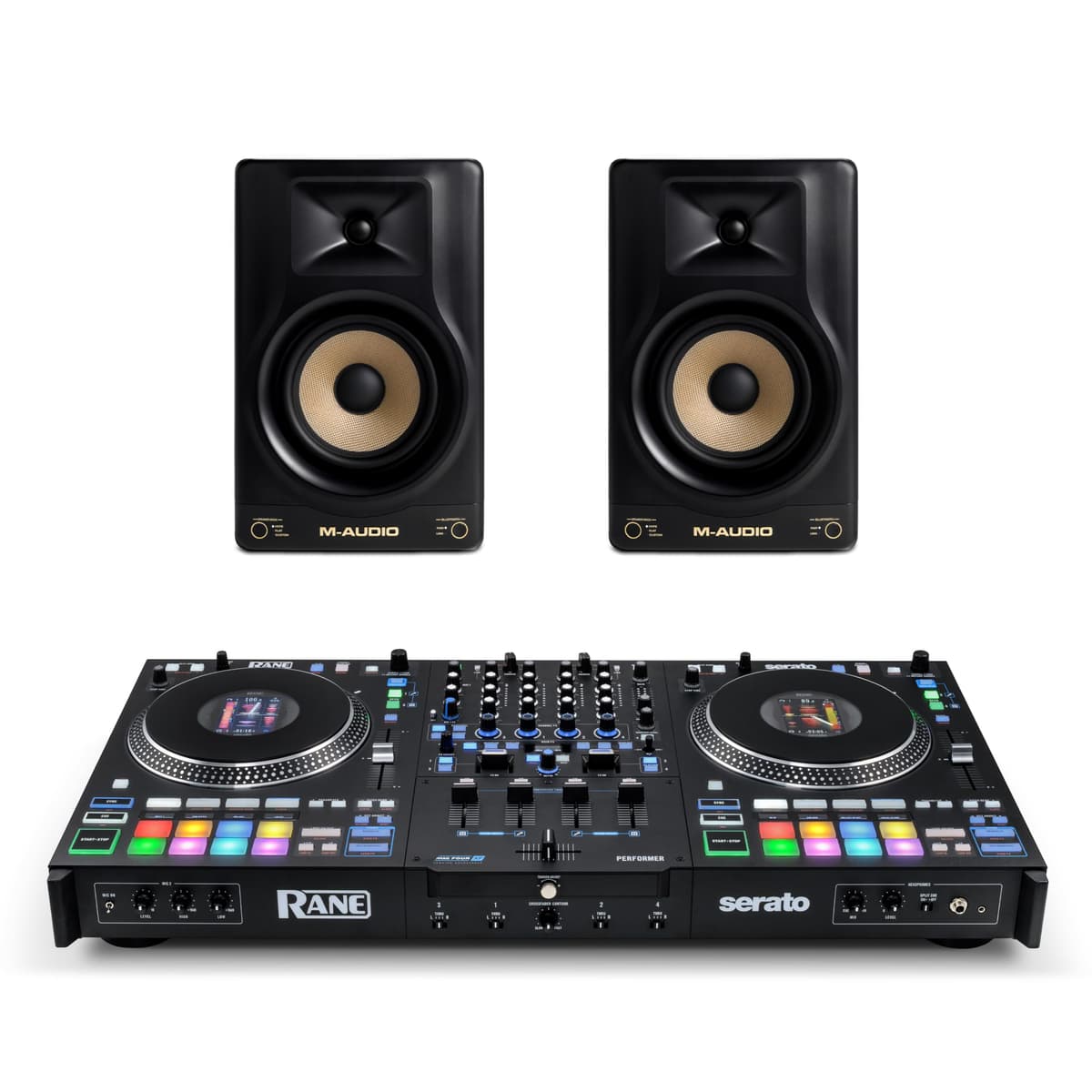 Rane PERFORMER DJ Controller y monitores de estudio M-AUDIO Forty Sixty - Bundle para estudio y streaming