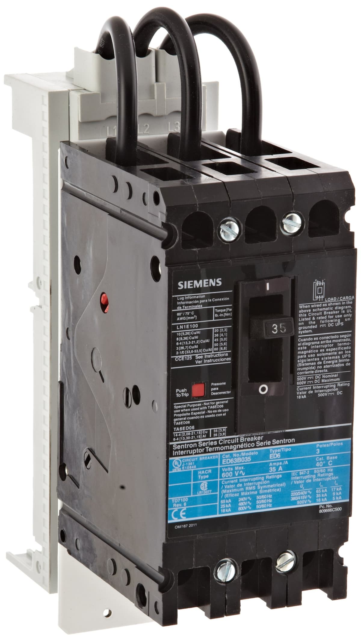 Siemens FBCB035 Interruptor termomagnético para barra colectora Fast Bus, alimentador 3 polos, zapatas adaptadoras Snap On, marco ED, corriente nominal 35A UL, corriente de cortocircuito 25kA UL a 480V