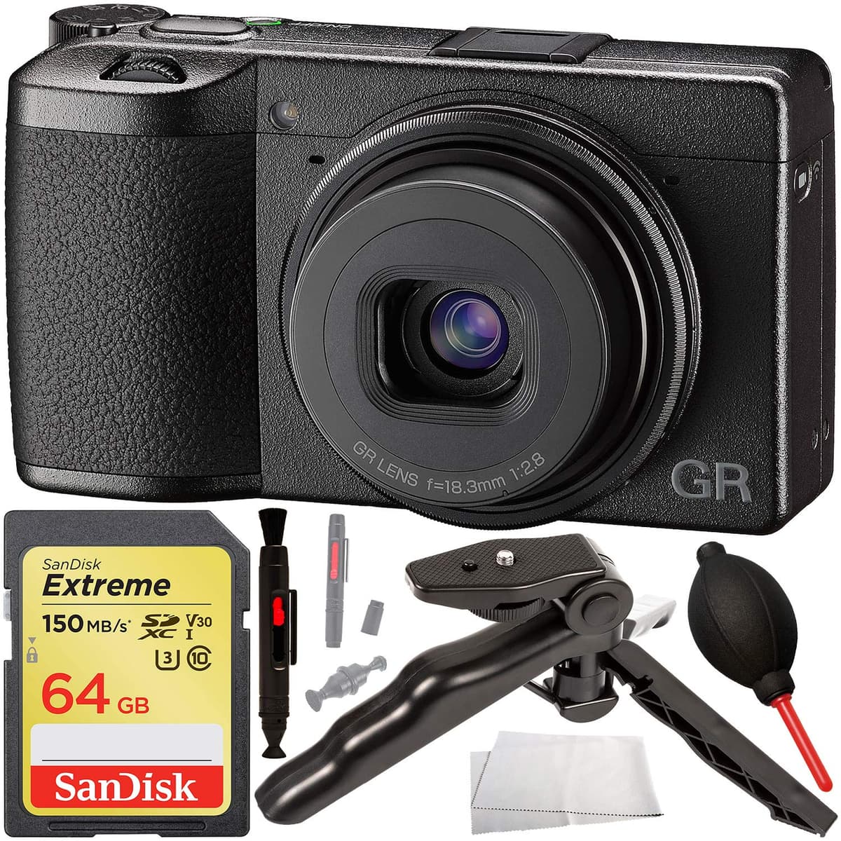Ricoh GR III Cámara Digital con Kit de Accesorios (SanDisk 64GB, Tripié, Limpieza) RIGRIIIBSB1